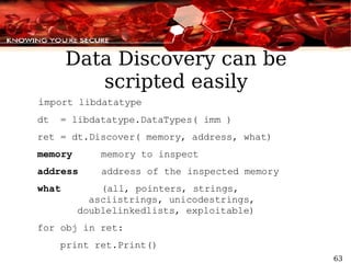 Data Discovery can be scripted easily i mport libdatatype dt  = libdatatype.DataTypes( imm ) ret = dt.Discover( memory, address, what) memory   memory to inspect address   address of the inspected memory what  (all, pointers, strings,  asciistrings, unicodestrings,  doublelinkedlists, exploitable) for obj in ret: print ret.Print() 