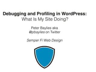 Debugging and Proﬁling in WordPress: 
" " " What Is My Site Doing?
Peter Baylies aka
@pbaylies on Twitter
 
Semper Fi Web Design
 