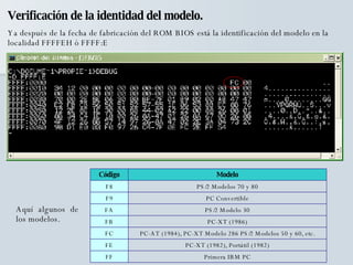 Verificación de la identidad del modelo. Ya después de la fecha de fabricación del ROM BIOS está la identificación del modelo en la localidad FFFFEH ó FFFF:E Aquí algunos de los modelos. Primera IBM PC FF PC-XT (1982), Portátil (1982) FE PC-AT (1984), PC-XT Modelo 286 PS/2 Modelos 50 y 60, etc. FC PC-XT (1986) FB PS/2 Modelo 30 FA PC Convertible F9 PS/2 Modelos 70 y 80 F8 Modelo Código 