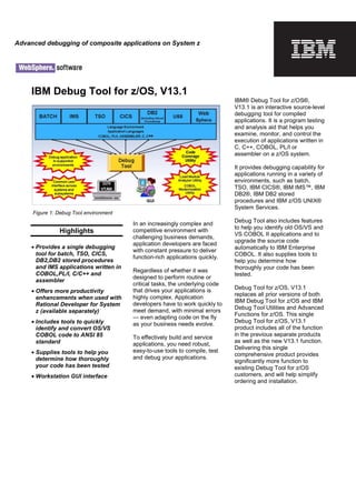 IBM Debug Tool for z/OS, V13.1
Highlights
• Provides a single debugging
tool for batch, TSO, CICS,
DB2,DB2 stored procedures
and IMS applications written in
COBOL,PL/I, C/C++ and
assembler
• Offers more productivity
enhancements when used with
Rational Developer for System
z (available separately)
• Includes tools to quickly
identify and convert OS/VS
COBOL code to ANSI 85
standard
• Supplies tools to help you
determine how thoroughly
your code has been tested
• Workstation GUI interface
In an increasingly complex and
competitive environment with
challenging business demands,
application developers are faced
with constant pressure to deliver
function-rich applications quickly.
Regardless of whether it was
designed to perform routine or
critical tasks, the underlying code
that drives your applications is
highly complex. Application
developers have to work quickly to
meet demand, with minimal errors
— even adapting code on the fly
as your business needs evolve.
To effectively build and service
applications, you need robust,
easy-to-use tools to compile, test
and debug your applications.
IBM® Debug Tool for z/OS®,
V13.1 is an interactive source-level
debugging tool for compiled
applications. It is a program testing
and analysis aid that helps you
examine, monitor, and control the
execution of applications written in
C, C++, COBOL, PL/I or
assembler on a z/OS system.
It provides debugging capability for
applications running in a variety of
environments, such as batch,
TSO, IBM CICS®, IBM IMS™, IBM
DB2®, IBM DB2 stored
procedures and IBM z/OS UNIX®
System Services.
Debug Tool also includes features
to help you identify old OS/VS and
VS COBOL II applications and to
upgrade the source code
automatically to IBM Enterprise
COBOL. It also supplies tools to
help you determine how
thoroughly your code has been
tested.
Debug Tool for z/OS, V13.1
replaces all prior versions of both
IBM Debug Tool for z/OS and IBM
Debug Tool Utilities and Advanced
Functions for z/OS. This single
Debug Tool for z/OS, V13.1
product includes all of the function
in the previous separate products
as well as the new V13.1 function.
Delivering this single
comprehensive product provides
significantly more function to
existing Debug Tool for z/OS
customers, and will help simplify
ordering and installation.
Advanced debugging of composite applications on System z
Figure 1: Debug Tool environment
 