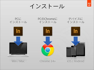 インストール
  PCに        PCのChromeに    デバイスに
インストール        インストール      インストール




Win / Mac    Chrome 14+   iOS / Android
 