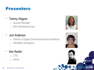 #AribaLIVE
Presenters
• Tammy Wagner
Account Manager
SHI International Corp.
• Joni Anderson
Director of Digital Commerce Business Relations
OfficeMax Workplace℠
• Ken Redler
CTO
cSubs
© 2013 Ariba, Inc. All rights reserved.2
 