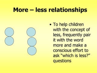 More – less relationships
• To help children
with the concept of
less, frequently pair
it with the word
more and make a
conscious effort to
ask ―which is less?‖
questions

 