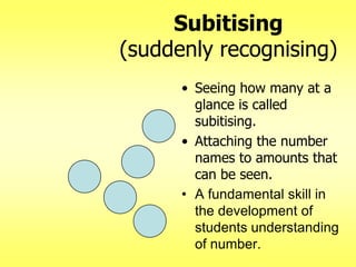 Subitising
(suddenly recognising)
• Seeing how many at a
glance is called
subitising.
• Attaching the number
names to amounts that
can be seen.
• A fundamental skill in
the development of
students understanding
of number.

 