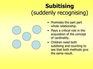 Subitising
(suddenly recognising)
• Promotes the part part
whole relationship.
• Plays a critical role in the
acquisition of the concept
of cardinality.
• Children need both
subitising and counting to
see that both methods give
the same result.

 