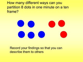 How many different ways can you
partition 8 dots in one minute on a ten
frame?

Record your findings so that you can
describe them to others

 