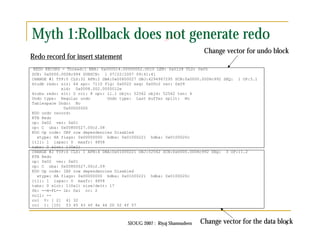 Myth 1:Rollback does not generate redo 
REDO RECORD - Thread:1 RBA: 0x000014.00000002.0010 LEN: 0x0128 VLD: 0x05 
SCN: 0x0000.0008c994 SUBSCN: 1 07/22/2007 09:41:41 
CHANGE #1 TYP:0 CLS:32 AFN:2 DBA:0x00800027 OBJ:4294967295 SCN:0x0000.0008c992 SEQ: 1 OP:5.1 
ktudb redo: siz: 64 spc: 7110 flg: 0x0022 seq: 0x00c2 rec: 0x09 
SIOUG 2007 : Riyaj Shamsudeen 9 
xid: 0x0008.002.0000012e 
ktubu redo: slt: 2 rci: 8 opc: 11.1 objn: 52562 objd: 52562 tsn: 4 
Undo type: Regular undo Undo type: Last buffer split: No 
Tablespace Undo: No 
0x00000000 
KDO undo record: 
KTB Redo 
op: 0x02 ver: 0x01 
op: C uba: 0x00800027.00c2.08 
KDO Op code: DRP row dependencies Disabled 
xtype: XA flags: 0x00000000 bdba: 0x01000221 hdba: 0x0100020c 
itli: 1 ispac: 0 maxfr: 4858 
tabn: 0 slot: 1(0x1) 
CHANGE #2 TYP:0 CLS: 1 AFN:4 DBA:0x01000221 OBJ:52562 SCN:0x0000.0008c992 SEQ: 3 OP:11.2 
KTB Redo 
op: 0x02 ver: 0x01 
op: C uba: 0x00800027.00c2.09 
KDO Op code: IRP row dependencies Disabled 
xtype: XA flags: 0x00000000 bdba: 0x01000221 hdba: 0x0100020c 
itli: 1 ispac: 0 maxfr: 4858 
tabn: 0 slot: 1(0x1) size/delt: 17 
fb: --H-FL-- lb: 0x1 cc: 2 
null: -- 
col 0: [ 2] 41 32 
col 1: [10] 53 45 43 4f 4e 44 20 52 4f 57 
Change vector for undo block 
Change vector for the data block 
Redo record for insert statement 
 