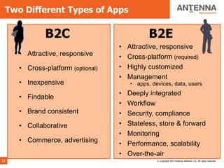 Two Different Types of Apps

             B2C                              B2E
                                   •   Attractive, responsive
     • Attractive, responsive      •   Cross-platform (required)
     • Cross-platform (optional)   •   Highly customized
                                   •   Management
     • Inexpensive                     • apps, devices, data, users
                                   •   Deeply integrated
     • Findable
                                   •   Workflow
     • Brand consistent            •   Security, compliance
     • Collaborative               •   Stateless, store & forward
                                   •   Monitoring
     • Commerce, advertising
                                   •   Performance, scalability
                                   •   Over-the-air
21                                               © Copyright 2013 Antenna Software, Inc. All rights reserved.
 