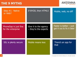 THE 9 MYTHS

     Step #1: Native         If BYOD, then HTML5          Mobile, web, no diff
     or Web?




     PhoneGap is just fine   Give it to the agency        Faster is better – just
     for the enterprise      – they’re the experts        get it out & fix it later




     SSL is plenty secure    Mobile means less             There’s an app for
                                                           that



35                                                   © Copyright 2013 Antenna Software, Inc. All rights reserved.
 