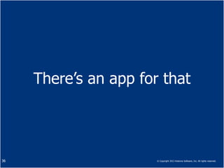Mobile apps are always connected,
      so designing for state or connection speed
     There’s an app for that
                  is a waste of time




36                                     © Copyright 2013 Antenna Software, Inc. All rights reserved.
 