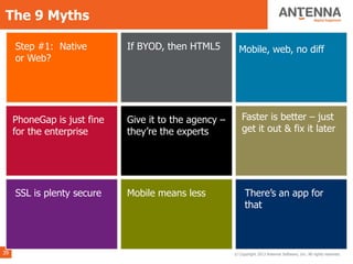 The 9 Myths

     Step #1: Native         If BYOD, then HTML5         Mobile, web, no diff
     or Web?




     PhoneGap is just fine   Give it to the agency –       Faster is better – just
     for the enterprise      they’re the experts           get it out & fix it later




     SSL is plenty secure    Mobile means less              There’s an app for
                                                            that



39                                                     © Copyright 2013 Antenna Software, Inc. All rights reserved.
 