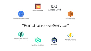 “Function-as-a-Service”
AWS Lambda
Azure Functions
Google Cloud Functions
Auth0 Webtask
Spotinst Functions Kubeless
IBM Cloud Functions
 