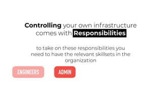 to take on these responsibilities you
need to have the relevant skillsets in the
organization
Controlling your own infrastructure
comes with Responsibilities
ENGINEERS ADMIN
 