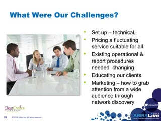 #AribaLIVE
What Were Our Challenges?
• Set up – technical.
• Pricing a fluctuating
service suitable for all.
• Existing operational &
report procedures
needed changing
• Educating our clients
• Marketing – how to grab
attention from a wide
audience through
network discovery
© 2013 Ariba, Inc. All rights reserved.22
 