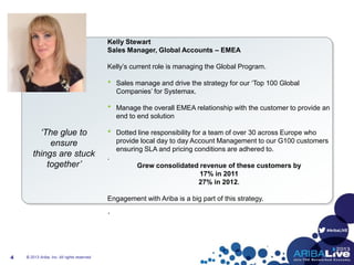 #AribaLIVE
© 2013 Ariba, Inc. All rights reserved.4
Kelly Stewart
Sales Manager, Global Accounts – EMEA
Kelly’s current role is managing the Global Program.
• Sales manage and drive the strategy for our ‘Top 100 Global
Companies’ for Systemax.
• Manage the overall EMEA relationship with the customer to provide an
end to end solution
• Dotted line responsibility for a team of over 30 across Europe who
provide local day to day Account Management to our G100 customers
ensuring SLA and pricing conditions are adhered to.
.
Grew consolidated revenue of these customers by
17% in 2011
27% in 2012.
Engagement with Ariba is a big part of this strategy.
‘
‘The glue to
ensure
things are stuck
together’
 