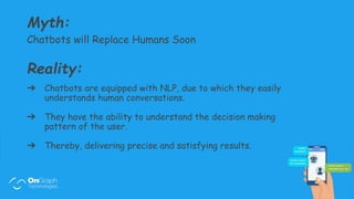 Myth:
Chatbots will Replace Humans Soon
Reality:
➔ Chatbots are equipped with NLP, due to which they easily
understands hu...