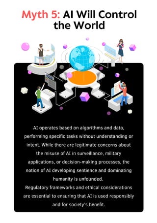 AI operates based on algorithms and data,
performing specific tasks without understanding or
intent. While there are legitimate concerns about
the misuse of AI in surveillance, military
applications, or decision-making processes, the
notion of AI developing sentience and dominating
humanity is unfounded.
Regulatory frameworks and ethical considerations
are essential to ensuring that AI is used responsibly
and for society’s benefit.
Myth 5: AI Will Control
the World
 