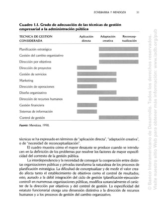 ECHEBARRIA Y MENDOZA 31
Cuadro 1.1.Grado de adecuación de las técnicas de gestión
empresarial a la administración pública
TÉCNICA DE GESTIÓN Aplicación Adaptación Reconcep-
CONSIDERADA directa creativa tualización
Planificación estratégica
Gestión del cambio organizativo
Dirección por objetivos
Dirección de proyectos
Gestión de servicios
Marketing
Dirección de operaciones
Diseño organizativo
Dirección de recursos humanos
Gestión financiera
Sistemas de información
Control de gestión
Fuente: Mendoza, 1990.
técnicas se ha expresado en términos de "aplicacióndirecta", "adaptación creativa",
o de "necesidad de reconceptualización".
El cuadro muestra cómo el mayor desajuste se produce cuando se introdu-
cen en la definición de los problemas por resolver los factores de mayor especifi-
cidad del contexto de la gestión pública.
La interdependencia y la necesidad de conseguir la cooperación entre distin-
tas organizaciones públicasy privadastransforma la naturaleza de los procesos de
planificación estratégica. La dificultad de conceptualizar y de medir el valor crea-
do afecta tanto el establecimiento de objetivos como el control de resultados;
esto, aunado a la débil integración del ciclo de gestión (planificación-ejecución-
control) en numerosas organizaciones públicas,modifica sustancialmente el carác-
ter de la dirección por objetivos y del control de gestión. La especificidad del
estatuto funcionarial otorga una dimensión distintiva a la dirección de recursos
humanos y a los procesos de gestión del cambio organizativo.
©BancoInteramericanodeDesarrollo.Todoslosderechosreservados.
VisitenuestrositioWebparaobtenermásinformación:www.iadb.org/pub
 