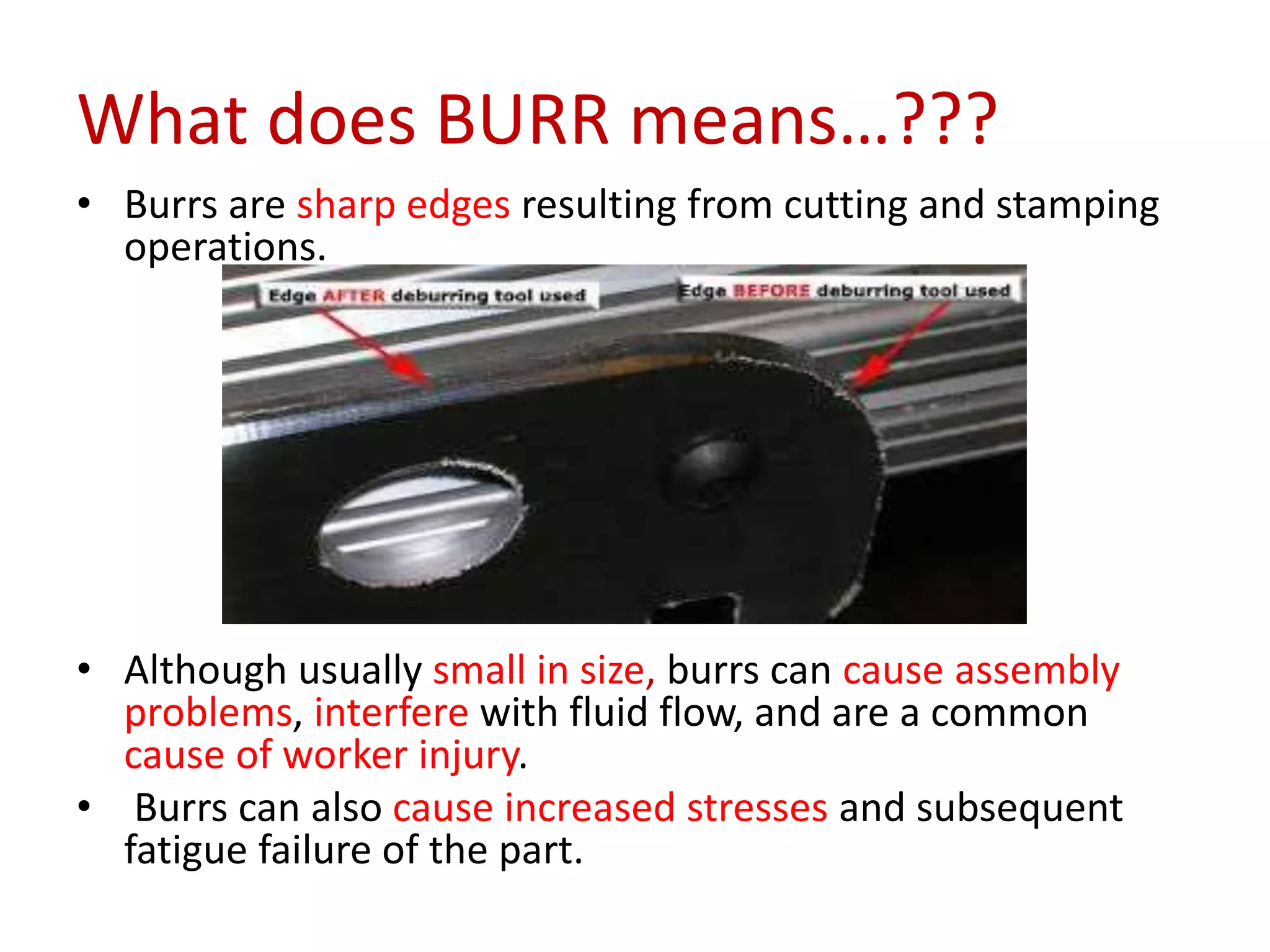 What does BURR means…???
• Burrs are sharp edges resulting from cutting and stamping
operations.
• Although usually small in size, burrs can cause assembly
problems, interfere with fluid flow, and are a common
cause of worker injury.
• Burrs can also cause increased stresses and subsequent
fatigue failure of the part.
 