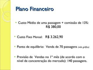 Plano Financeiro Custo Médio de uma passagem + comissão de 13%:  R$ 380,00  Custo Fixo  Mensal:  R$ 3.262,90  Ponto de equilíbrio:  Venda de 70 passagens  (vide gráfico) Previsão de  Vendas no 1º mês (de acordo com o nível de concentração do mercado): 140 passagens. 