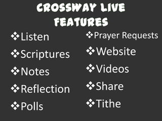 Listen       Prayer Requests
Scriptures   Website
Notes        Videos
Reflection   Share
Polls        Tithe
 