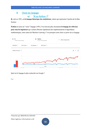 Présenter par IBRAHIM ALI MAHADI
Élève Ingénieur Informaticien a IAI
DEBUTEZ AVEC LES MACHINES LEARNING
11
B. Choix du langage
a) "R ou Python ?"
R, créé en 1993, est le langage historique des statisticiens, métier qui représente l’ancêtre de la Data
Science
Python est aussi un “vieux” langage (1991). Il est devenu plus récemment le langage de référence
pour tous les ingénieurs qui veulent effectuer rapidement des implémentations d’algorithmes
mathématiques, entre autres de Machine Learning. C’est pourquoi notre choix se porte sur ce langage.
Quel est le langage le plus recherché sur Google ?
Fin
 
