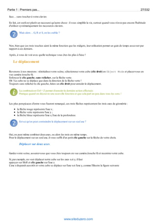 face… sans toucher à votre clavier.
En fait, cet outil est plutôt un raccourci qu'autre chose : il vous simplifie la vie, surtout quand vous n'avez pas encore l'habitude
d'utiliser systématiquement les raccourcis claviers.
Mais alors… G, R et S, on les oublie ?
Non, bien que ces trois touches aient la même fonction que les widgets, leur utilisation permet un gain de temps assez net par
rapport à ces derniers.
Après, à vous de voir avec quelle technique vous êtes les plus à l'aise !
Le déplacement
Revenons à nos moutons : réinitialisez votre scène, sélectionnez votre cube (clic droit) en Object Mode et placez-vous en
vue caméra (touche 0).
Enfoncez le clic gauche, sans relâcher, sur la flèche verte.
Oh ! Le cube ne se déplace que dans la direction de la flèche verte !
Toujours sans relâcher le clic gauche, faites un clic droit pour annuler le déplacement.
La combinaison Ctrl + Z permet d'annuler la dernière action effectuée.
Pratique quand on découvre une nouvelle fonction et que cela part un peu dans tous les sens !
Les plus perspicaces d'entre vous l'auront remarqué, ces trois flèches représentent les trois axes de géométrie :
la flèche rouge représente l'axe x;
la flèche verte représente l'axe y ;
la flèche bleue représente l'axe z, l'axe de la profondeur.
Est-ce qu'on peut contraindre le déplacement sur un seul axe ?
Oui, on peut même combiner deuxaxes, ou alors les trois en même temps.
Pour le déplacement sur un seul axe, il vous suffit d'un petit clic gauche sur la flèche de votre choix.
Déplacer sur deux axes
Gardez votre scène, assurez-vous que vous êtes toujours en vue caméra (touche 0) et recentrez votre cube.
Si, par exemple, on veut déplacer notre cube sur les axes xet y, il faut
appuyer sur Shift et clic gauche sur l'axe z.
L'axe z disparaît aussitôt et votre cube se déplace sur l'axe xet l'axe y, comme l'illustre la figure suivante
Partie 1 : Premiers pas... 27/332
www.siteduzero.com
 