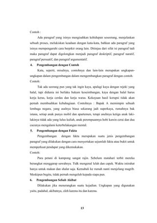 13
Contoh :
Ada paragraf yang isinya mengisahkan kehidupan seseorang, menjelaskan
sebuah proses, melukiskan keadaan dengan kata-kata, bahkan ada paragraf yang
isinya mempengaruhi cara berpikir orang lain. Ditinjau dari sifat isi paragraf tadi
maka paragraf dapat digolongkan menjadi paragraf deskriptif, paragraf naratif,
paragraf persuatif, dan paragraf argumentatif.
4. Pengembangan dengan Contoh
Kata, seperti, misalnya, contohnya dan lain-lain merupakan ungkapan-
ungkapan dalam pengembangan dalam mengembangkan paragraf dengan contoh.
Contoh:
Tak ada seorang pun yang tak ingin kaya, apalagi kaya dengan rejeki yang
halal, tapi didunia ini berlaku hukum keseimbangan, kaya dengan halal harus
kerja keras, kerja cerdas dan kerja waras. Kekayaan hasil korupsi tidak akan
pernah membuahkan kebahagiaan. Contohnya : Bapak A memimpin sebuah
lembaga negara, yang asalnya biasa sekarang jadi superkaya, rumahnya bak
istana, setiap anak punya mobil dan apartemen, tetapi anehnya ketiga anak laki-
lakinya tidak ada yang lulus kuliah, anak perempuannya hobi kawin cerai dan dua
cucunya mengalami keterbelakangan mental.
5. Pengembangan dengan Fakta
Pengembangan dengan fakta merupakan suatu jenis pengembangan
paragraf yang dilakukan dengan cara menyertakan sejumlah fakta atau bukti untuk
memperkuat pendapat yang dikemukakan.
Contoh:
Para petani di kampong sangat rajin. Sebelum matahari terbit mereka
berangkat menggarap sawahnya. Tidk mengenal lelah dan capek. Waktu istirahat
hanya untuk makan dan shalat saja. Kemabali ke rumah nanti menjelang magrib.
Meskipun begitu, tidak pernah mengeluh kepada siapa pun.
6. Pengembangan Sebab Akibat
Dilakukan jika menerangkan suatu kejadian. Ungkapan yang digunakan
yaitu, padahal, akibatnya, oleh karena itu dan karena.
 
