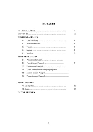 3
DAFTAR ISI
KATA PENGANTAR …………………………………………. ii
DAFTAR ISI …………………………………………………... iii
BAB I PENDAHULUAN
1.1 Latar Belakang …………………………………….. 1
1.2 Rumusan Masalah …………………………………. 1
1.3 Tujuan ……………………………………………... 1
1.4 Metode …………………………………………….. 2
1.5 Manfaat ……………………………………………. 2
BAB II PEMBAHASAN
2.1 Pengertian Paragraf………………………….....
2.2 Fungsi-fungsi Paragraf……….............................. 5
2.3 Unsur-unsur Paragraf..………………..……………..
2.4 Syarat Pembentukan Paragraf yang Baik .......................
2.5 Macam-macam Paragraf..................................................
2.6 Pengembangan Paragraf...................................................
BAB III PENUTUP
3.1 Kesimpulan ………………………………………….... 10
3.2 Saran ………………………………………………...... 10
DAFTAR PUSTAKA
 