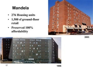 Mandela
     • 276 Housing units
     • 1,500 sf ground-floor
       retail
     • Preserved 100%
       affordability
                                      2003




17                             1996
 