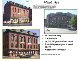 1997
                                                              MiMinot Hall
                                              Originally know as the Smith Block, Minot Hall dates
                                              from 1859. Upstairs was a ballroom that served as
                                              a function hall, complete with 22-foot high ceilings,
                                              grand gilded mirrors and a musicians’ balcony.




before
   1997 South End Historical Society

                                                                                                                   .
                                                                            after

                                                                   • 45 units housing
                                                                   • 3 affordable
                                                                   • 10,000 SF ground-floor retail
                                                                   • Rebuilding contiguous retail
                                                                     space
                                                                   • Historic Preservation
     after
                                                                2003 Herb Fremin, Washington Gateway Main Street
 