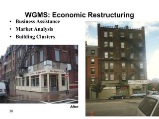 WGMS: Economic Restructuring
• Business Assistance
• Market Analysis
• Building Clusters




                        After
30                              Before
 