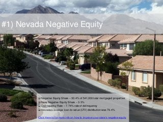 #1) Nevada Negative Equity
 Negative Equity Share – 30.4% of 541,000 total mortgaged properties
 Near Negative Equity Share – 3.3%
 Delinquency Rate – 7.74% rate of delinquency
 Nevada’s average loan-to-value (LTV) distribution was 79.4%
Click Here to for more info on how to improve your state’s negative equity
 