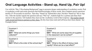 Oral Language Activities - Stand up, Hand Up, Pair Up!
Use with the “Day 2 Developing Background” page to promote deeper understanding of vocabulary words. Pick
4 vocabulary words and create questions that build knowledge of those words. Have students answer questions
briefly (15-30 seconds) in each box. Then they “Stand Up” behind their chair. Put their “Hand Up” like to slap
five. After the teacher repeats the question and says “Pair Up”, students high five a partner and share their
answer to the question. Tell students they must use the vocabulary word in their response. The teacher should
walk around and listen to partners as they share. Do this four times total until all boxes have been shared. See
Example below:
Quadrant 1
collect
SAY: “What are some things you have
collected?”
Quadrant 2
sorted
SAY: “What are some ways the art supplies
in the classroom can be sorted?”
Quadrant 3
orders
SAY:“What is the order of the school day?”
Quadrant 4
rapidly
SAY: “What is the effect of doing a task
rapidly? What can be a bad effect?”
 