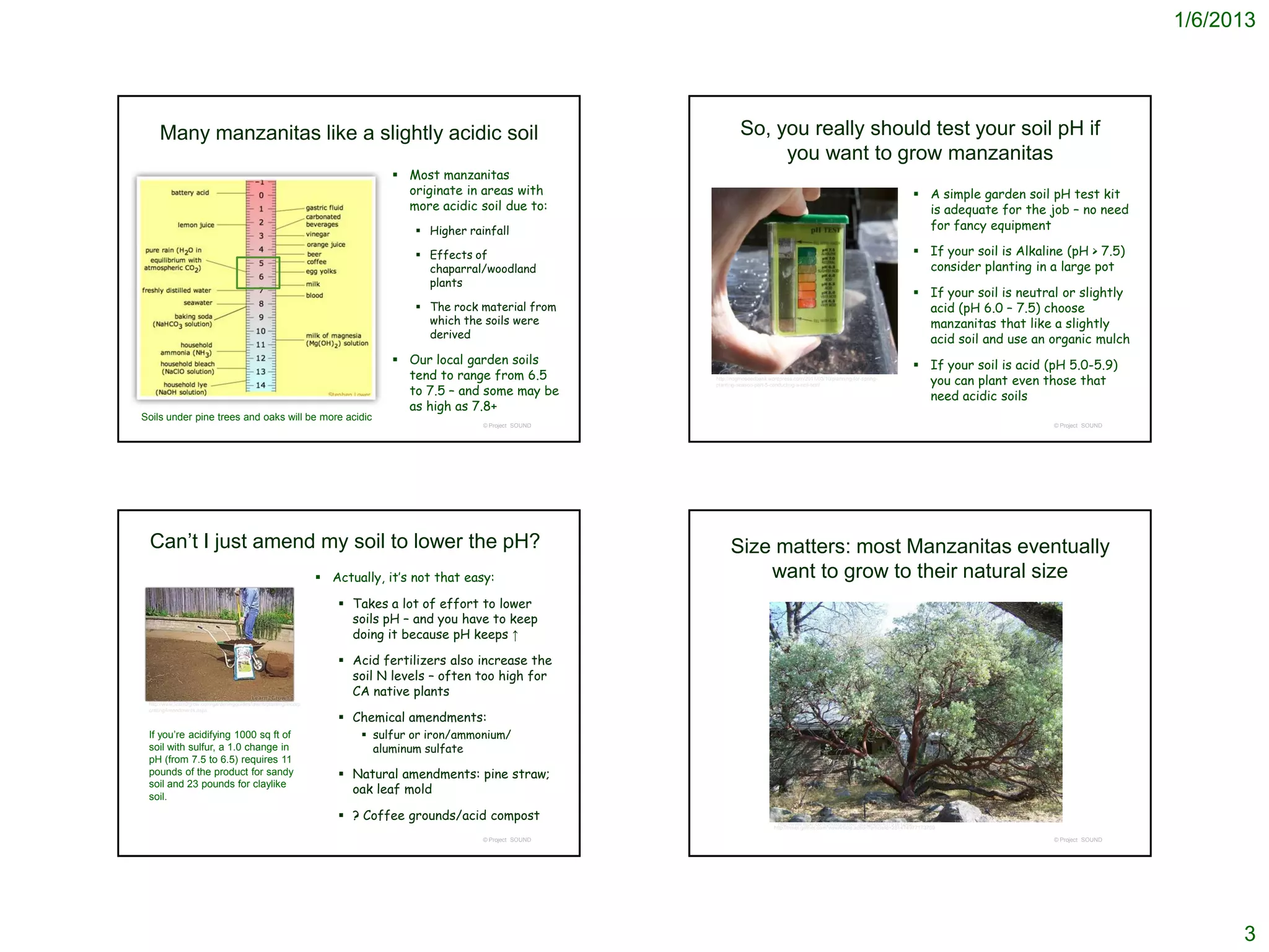 1/6/2013




     Many manzanitas like a slightly acidic soil                                                                           So, you really should test your soil pH if
                                                                                                                                you want to grow manzanitas
                                                                                 Most manzanitas
                                                                                  originate in areas with                                                                                            A simple garden soil pH test kit
                                                                                  more acidic soil due to:                                                                                            is adequate for the job – no need
                                                                                     Higher rainfall                                                                                                 for fancy equipment

                                                                                     Effects of                                                                                                     If your soil is Alkaline (pH > 7.5)
                                                                                      chaparral/woodland                                                                                              consider planting in a large pot
                                                                                      plants
                                                                                                                                                                                                     If your soil is neutral or slightly
                                                                                     The rock material from                                                                                          acid (pH 6.0 – 7.5) choose
                                                                                      which the soils were                                                                                            manzanitas that like a slightly
                                                                                      derived                                                                                                         acid soil and use an organic mulch
                                                                                 Our local garden soils                                                                                             If your soil is acid (pH 5.0-5.9)
                                                                                  tend to range from 6.5          http://nogmoseedbank.wordpress.com/2011/03/10/planning-for-spring-
                                                                                                                                                                                                      you can plant even those that
                                                                                  to 7.5 – and some may be
                                                                                                                  planting-season-part-5-conducting-a-soil-test/

                                                                                                                                                                                                      need acidic soils
                                                                                  as high as 7.8+
Soils under pine trees and oaks will be more acidic
                                                                                                © Project SOUND                                                                                                             © Project SOUND




 Can’t I just amend my soil to lower the pH?                                                                           Size matters: most Manzanitas eventually
                                                                    Actually, it’s not that easy:                         want to grow to their natural size
                                                                        Takes a lot of effort to lower
                                                                         soils pH – and you have to keep
                                                                         doing it because pH keeps ↑

                                                                        Acid fertilizers also increase the
                                                                         soil N levels – often too high for
                                                                         CA native plants
 http://www.learn2grow.com/gardeningguides/lawns/planting/Incorp


                                                                        Chemical amendments:
 oratingAmendments.aspx




 If you’re acidifying 1000 sq ft of                                        sulfur or iron/ammonium/
 soil with sulfur, a 1.0 change in                                          aluminum sulfate
 pH (from 7.5 to 6.5) requires 11
 pounds of the product for sandy                                        Natural amendments: pine straw;
 soil and 23 pounds for claylike
 soil.
                                                                         oak leaf mold

                                                                        ? Coffee grounds/acid compost                                     http://www.flickr.com/photos/97607362@N00/4375161245/
                                                                                                                                         http://travel.gather.com/viewArticle.action?articleId=281474977173759

                                                                                                © Project SOUND                                                                                                             © Project SOUND




                                                                                                                                                                                                                                                    3
 