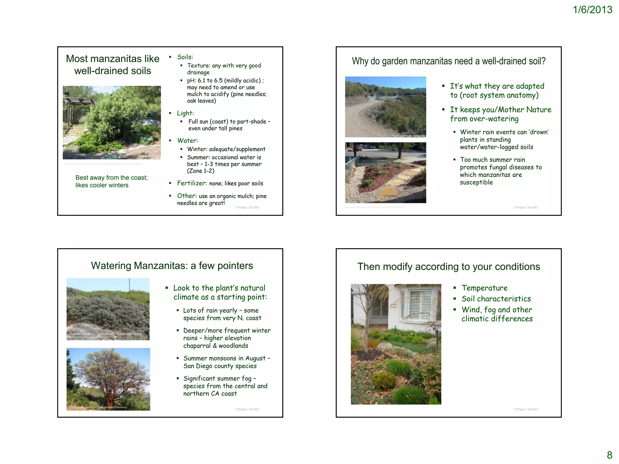 1/6/2013



Most manzanitas like                                                         Soils:
                                                                                 Texture: any with very good
                                                                                                                               Why do garden manzanitas need a well-drained soil?
 well-drained soils                                                               drainage
                                                                                 pH: 6.1 to 6.5 (mildly acidic) ;
                                                                                  may need to amend or use                                                                         It’s what they are adapted
                                                                                  mulch to acidify (pine needles;                                                                   to (root system anatomy)
                                                                                  oak leaves)

                                                                             Light:                                                                                               It keeps you/Mother Nature
                                                                                   Full sun (coast) to part-shade –                                                                from over-watering
                                                                                    even under tall pines
                                                                                                                                                                                      Winter rain events can ‘drown’
                                                                             Water:                                                                                                   plants in standing
                                                                                 Winter: adequate/supplement                                                                          water/water-logged soils
                                                                                 Summer: occasional water is                                                                         Too much summer rain
                                                                                  best – 1-3 times per summer
                                                                                                                                                                                       promotes fungal diseases to
http://www.intermountainnursery.com/demonstration_garden_list.htm


                                                                                  (Zone 1-2)
         Best away from the coast;                                                                                                                                                     which manzanitas are
         likes cooler winters                                                Fertilizer: none; likes poor soils                                                                       susceptible

                                                                             Other: use an organic mulch; pine
                                                                               needles are great!
                                                                                                      © Project SOUND   http://www.flickr.com/photos/starlingfeather/297644619/                          © Project SOUND




                       Watering Manzanitas: a few pointers                                                                          Then modify according to your conditions

                                                                            Look to the plant’s natural                                                                              Temperature
                                                                             climate as a starting point:                                                                             Soil characteristics
                                                                               Lots of rain yearly – some                                                                            Wind, fog and other
                                                                                species from very N. coast                                                                             climatic differences
   http://www.laspilitas.com/nature-of-california/plants/arctostaphylos-
                                                                               Deeper/more frequent winter
   morroensis-park-view-manzanita
                                                                                rains – higher elevation
                                                                                chaparral & woodlands

                                                                               Summer monsoons in August –
                                                                                San Diego county species

                                                                               Significant summer fog –
                                                                                species from the central and
                                                                                northern CA coast
    http://flickrhivemind.net/Tags/mounttam/Interesting
                                                                                                      © Project SOUND                                                                                    © Project SOUND




                                                                                                                                                                                                                                 8
 