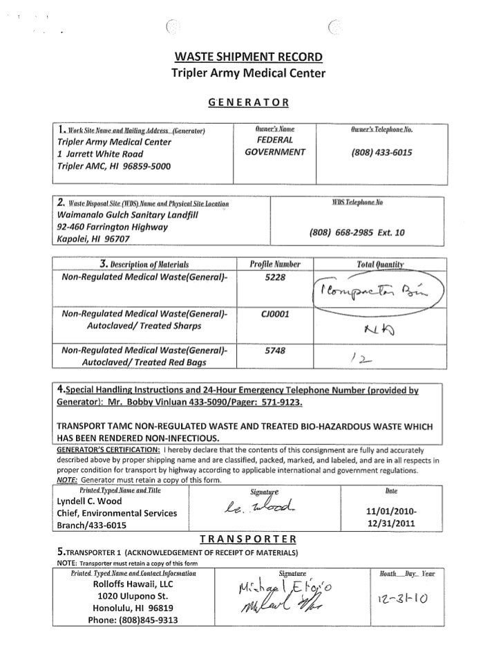 Dec. 31, 2010 Tripler Army Medical Center Waste Shipment Record