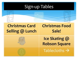 Sign-up Tables


Christmas Card    Christmas Food
Selling @ Lunch        Sale!
                  Ice Skating @
                  Robson Square
                  Tablecloths 
 