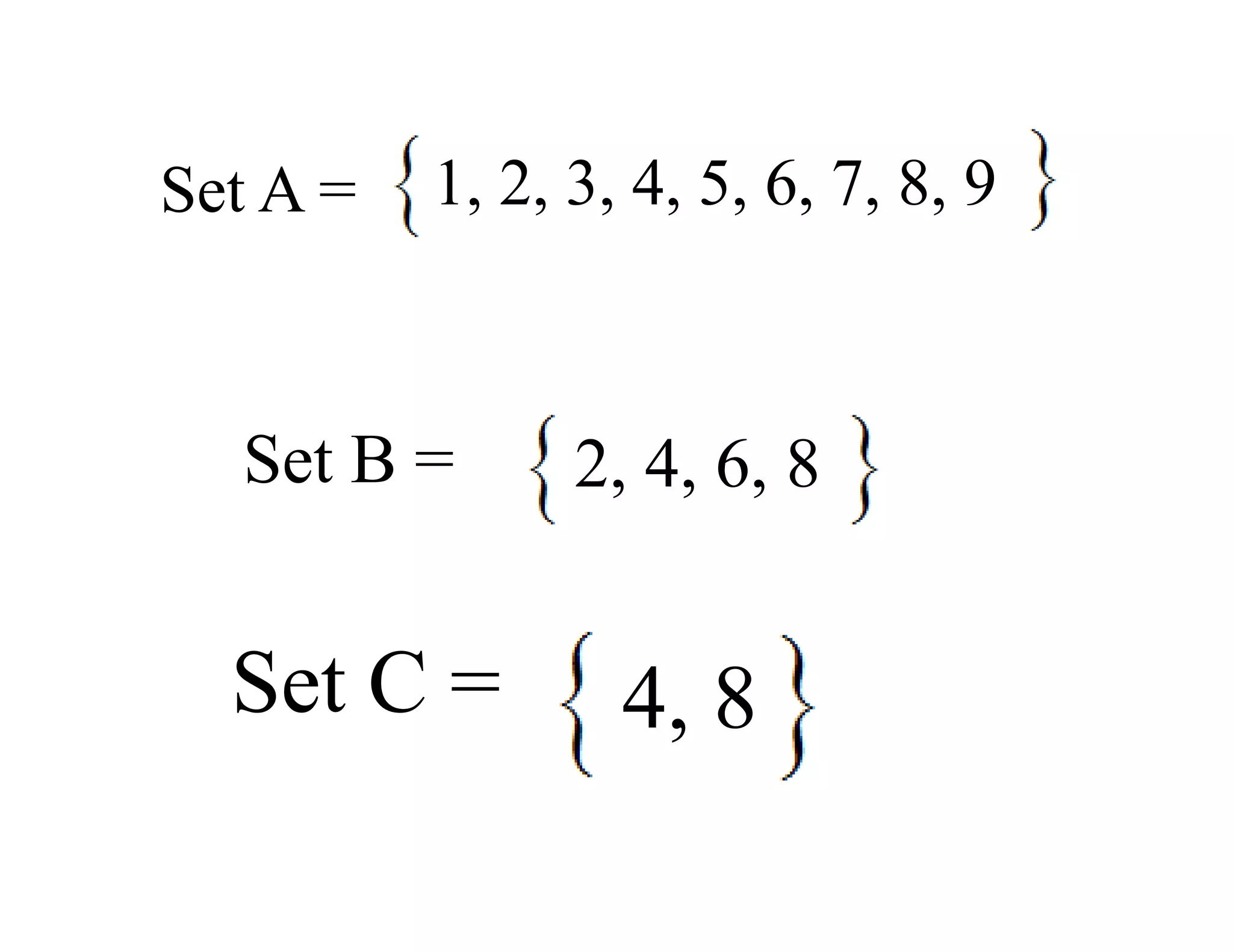 Set A = 1, 2, 3, 4, 5, 6, 7, 8, 9
Set B = 2, 4, 6, 8
Set C = 4, 8