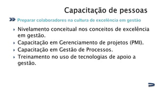    Nivelamento conceitual nos conceitos de excelência
    em gestão.
   Capacitação em Gerenciamento de projetos (PMI).
   Capacitação em Gestão de Processos.
   Treinamento no uso de tecnologias de apoio a
    gestão.
 