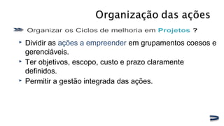  Dividir as ações a empreender em grupamentos coesos e
gerenciáveis.
 Ter objetivos, escopo, custo e prazo claramente
definidos.
 Permitir a gestão integrada das ações.
 