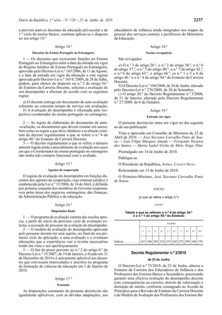 Diário da República, 1.ª série — N.º 120 — 23 de Junho de 2010                                                                         2237

o previsto para os docentes da educação pré-escolar e do         educadores de infância ainda integrados nos mapas de
1.º ciclo do ensino básico, continua aplicar-se o disposto       pessoal dos serviços centrais e periféricos do Ministério
no seu artigo 18.º                                               da Educação.

                        Artigo 14.º                                                           Artigo 18.º
         Docentes do Ensino Português no Estrangeiro                                       Norma revogatória
   1 — Os docentes que exerceram funções no Ensino                  São revogados:
Português no Estrangeiro entre a data da entrada em vigor
do Regime Jurídico do Ensino Português no Estrangeiro,              a) O n.º 3 do artigo 26.º, o n.º 3 do artigo 34.º, o n.º 6
aprovado pelo Decreto-Lei n.º 165/2006, de 11 de Agosto,         do artigo 37.º, o n.º 5 do artigo 40.º, o n.º 7 do artigo 42.º,
e a data da entrada em vigor da alteração a este regime          o n.º 6 do artigo 43.º, o artigo 44.º, os n.os 1 e 5 a 8 do
aprovada pelo Decreto-Lei n.º 165-C/2009, de 28 de Julho,        artigo 46.º e o n.º 4 do artigo 94.º do Estatuto da Carreira
podem, para efeitos do disposto no n.º 3 do artigo 36.º          Docente;
do Estatuto da Carreira Docente, solicitar a avaliação do           b) O Decreto-Lei n.º 104/2008, de 24 de Junho, alterado
seu desempenho a efectuar de acordo com as seguintes             pelo Decreto-Lei n.º 270/2009, de 30 de Setembro;
regras:                                                             c) O artigo 20.º do Decreto Regulamentar n.º 3/2008,
                                                                 de 21 de Janeiro, alterado pelo Decreto Regulamentar
   a) O docente entrega um documento de auto-avaliação           n.º 27/2009, de 6 de Outubro.
referente ao concreto tempo de serviço em avaliação;
   b) A avaliação do desempenho é efectuada pelo res-                                         Artigo 19.º
pectivo coordenador do ensino português no estrangeiro.
                                                                                           Entrada em vigor
   2 — As regras de elaboração do documento de auto-                O presente decreto-lei entra em vigor no dia seguinte
-avaliação, os documentos que devem constar em anexo,            ao da sua publicação.
bem como as regras a que deve obedecer a avaliação cons-
tam do decreto regulamentar a que se refere o n.º 4 do              Visto e aprovado em Conselho de Ministros de 22 de
artigo 40.º do Estatuto da Carreira Docente.                     Abril de 2010. — José Sócrates Carvalho Pinto de Sou-
   3 — O decreto regulamentar a que se refere o número           sa — Luís Filipe Marques Amado — Fernando Teixeira
anterior regula ainda o procedimento de avaliação nos casos      dos Santos — Maria Isabel Girão de Melo Veiga Vilar.
em que o Coordenador do ensino português no estrangeiro             Promulgado em 14 de Junho de 2010.
não tenha tido contacto funcional com o avaliado.
                                                                    Publique-se.
                        Artigo 15.º                                 O Presidente da República, ANÍBAL CAVACO SILVA.
                   Agentes de cooperação                            Referendado em 15 de Junho de 2010.
   O regime de avaliação do desempenho em funções do-               O Primeiro-Ministro, José Sócrates Carvalho Pinto
centes dos agentes de cooperação, cujo estatuto jurídico é       de Sousa.
estabelecido pela Lei n.º 13/2004, de 14 de Abril, é definido
por portaria conjunta dos membros do Governo responsá-                                            ANEXO
veis pelas áreas dos negócios estrangeiros, das finanças,
da Administração Pública e da educação.                                            (a que se refere o artigo 3.º)

                        Artigo 16.º                                                               ANEXO

                      Disposições finais                                 Tabela a que se referem o n.º 4 do artigo 34.º
   1 — O programa de avaliação externa das escolas apre-                      e o n.º 1 do artigo 59.º do Estatuto
cia, a partir do início do próximo ciclo de avaliação ex-                                                     Escalões
terna, a execução do processo de avaliação do desempenho.
   2 — O modelo de avaliação do desempenho aprovado                                  1.º    2.º   3.º   4.º   5.º   6.º   7.º   8.º   9.º   10.º
pelo presente decreto-lei será sujeito, no final do seu pri-
meiro ciclo de aplicação, a uma avaliação e a eventuais
alterações que a experiência vier a revelar necessárias          Índices . . . . . . . . . 167 188 205 218 235 245 272 299 340 370
tendo em vista o seu aperfeiçoamento.
   3 — O fim do prazo previsto no n.º 2 do artigo 8.º do
Decreto-Lei n.º 15/2007, de 19 de Janeiro, é fixado em 31                    Decreto Regulamentar n.º 2/2010
de Dezembro de 2010 e é unicamente aplicável aos docen-                                     de 23 de Junho
tes que estivessem matriculados e inscritos no programa
de formação de ciências da educação em 1 de Janeiro de              O Decreto-Lei n.º 75/2010, de 23 de Junho, alterou o
2010.                                                            Estatuto da Carreira dos Educadores de Infância e dos
                                                                 Professores dos Ensinos Básico e Secundário, procurando
                        Artigo 17.º                              garantir uma efectiva avaliação do desempenho docente
                                                                 com consequências na carreira, através da valorização e
                          Extensão
                                                                 distinção do mérito, conforme consagrado no Acordo de
   As disposições constantes do presente decreto-lei são         Princípios para a Revisão do Estatuto da Carreira Docente
igualmente aplicáveis, com as devidas adaptações, aos            e do Modelo de Avaliação dos Professores dos Ensinos Bá-
 