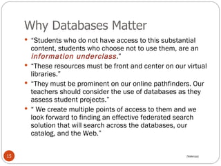 Why Databases Matter “ Students who do not have access to this substantial content, students who choose not to use them, are an  information underclass .” “ These resources must be front and center on our virtual libraries.” “ They must be prominent on our online pathfinders. Our teachers should consider the use of databases as they assess student projects.” “  We create multiple points of access to them and we look forward to finding an effective federated search solution that will search across the databases, our catalog, and the Web.” (Valenza) 