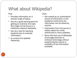 What about Wikipedia? Pros Provides information on a diverse range of topics. Can be a good starting point for getting an overview of a topic that might not be found in a traditional research database. Can be a tool for teaching students how to evaluate information. Is current and updated frequently. Cons Not viewed as an authoritative source of information in the academic world since the information can be edited by anyone. Information from this source is widely copies but rarely referenced on many websites. Some feel that use of Wikipedia encourages learners to embrace technology without questioning the source or credibility of the information available. 