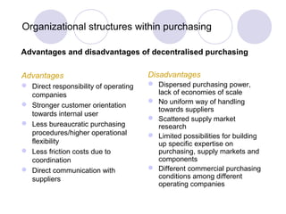 Organizational structures within purchasing
Advantages and disadvantages of decentralised purchasing
Advantages

Disadvantages

 Direct responsibility of operating
companies
 Stronger customer orientation
towards internal user
 Less bureaucratic purchasing
procedures/higher operational
flexibility
 Less friction costs due to
coordination
 Direct communication with
suppliers

 Dispersed purchasing power,
lack of economies of scale
 No uniform way of handling
towards suppliers
 Scattered supply market
research
 Limited possibilities for building
up specific expertise on
purchasing, supply markets and
components
 Different commercial purchasing
conditions among different
operating companies

 