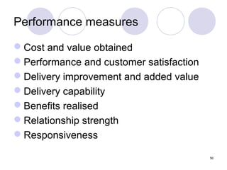 Performance measures
Cost and value obtained
Performance and customer satisfaction
Delivery improvement and added value
Delivery capability
Benefits realised
Relationship strength
Responsiveness
56

 