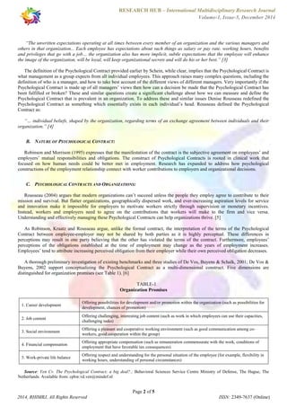 RESEARCH HUB – International Multidisciplinary Research Journal 
Volume-1, Issue-5, December 2014 
“The unwritten expectations operating at all times between every member of an organization and the various managers and 
others in that organization... Each employee has expectations about such things as salary or pay rate, working hours, benefits 
and privileges that go with a job… the organization also has more implicit, subtle expectations that the employee will enhance 
the image of the organization, will be loyal, will keep organizational secrets and will do his or her best.” [3] 
The definition of the Psychological Contract provided earlier by Schein, while clear, implies that the Psychological Contract is 
what management as a group expects from all individual employees. This approach raises many complex questions, including the 
definition of who is a manager, and how to take best account of the different views of different managers. Very importantly if the 
Psychological Contract is made up of all managers’ views then how can a decision be made that the Psychological Contract has 
been fulfilled or broken? These and similar questions create a significant challenge about how we can measure and define the 
Psychological Contract that is prevalent in an organization. To address these and similar issues Denise Rousseau redefined the 
Psychological Contract as something which essentially exists in each individual’s head. Rousseau defined the Psychological 
Contract as: 
“… individual beliefs, shaped by the organization, regarding terms of an exchange agreement between individuals and their 
Robinson and Morrison (1995) expresses that the manifestation of the contract is the subjective agreement on employees’ and 
employers’ mutual responsibilities and obligations. The construct of Psychological Contracts is rooted in clinical work that 
focused on how human needs could be better met in employment. Research has expanded to address how psychological 
constructions of the employment relationship connect with worker contributions to employers and organizational decisions. 
C. PSYCHOLOGICAL CONTRACTS AND ORGANIZATIONS: 
Rousseau (2004) argues that modern organizations can’t succeed unless the people they employ agree to contribute to their 
mission and survival. But flatter organizations, geographically dispersed work, and ever-increasing aspiration levels for service 
and innovation make it impossible for employers to motivate workers strictly through supervision or monetary incentives. 
Instead, workers and employers need to agree on the contributions that workers will make to the firm and vice versa. 
Understanding and effectively managing these Psychological Contracts can help organizations thrive. [5] 
As Robinson, Kraatz and Rousseau argue, unlike the formal contract, the interpretation of the terms of the Psychological 
Contract between employee-employer may not be shared by both parties as it is highly perceptual. These differences in 
perceptions may result in one party believing that the other has violated the terms of the contract. Furthermore, employees’ 
perceptions of the obligations established at the time of employment may change as the years of employment increases. 
Employees’ tend to attribute increasing perceived obligation from their employer while their own perceived obligation decreases. 
A thorough preliminary investigation of existing benchmarks and three studies of De Vos, Buyens & Schalk, 2001; De Vos & 
Buyens, 2002 support conceptualizing the Psychological Contract as a multi-dimensional construct. Five dimensions are 
distinguished for organization promises (see Table 1). [6] 
TABLE-1 
Organization Promises 
Offering possibilities for development and/or promotion within the organization (such as possibilities for 
development, chances of promotion) 
Offering challenging, interesting job content (such as work in which employees can use their capacities, 
challenging tasks) 
Offering a pleasant and cooperative working environment (such as good communication among co-workers, 
good cooperation within the group) 
Offering appropriate compensation (such as remuneration commensurate with the work, conditions of 
employment that have favorable tax consequences) 
Offering respect and understanding for the personal situation of the employee (for example, flexibility in 
working hours, understanding of personal circumstances) 
Source: Ven Cv. The Psychological Contract; a big deal?.; Behavioral Sciences Service Centre Ministry of Defense, The Hague, The 
Page 2 of 5 
organization.” [4] 
B. NATURE OF PSYCHOLOGICAL CONTRACT: 
1. Career development 
2. Job content 
3. Social environment 
4. Financial compensation 
5. Work-private life balance 
Netherlands. Available from: cphw.vd.ven@mindef.nl 
2014, RHIMRJ, All Rights Reserved ISSN: 2349-7637 (Online) 
 