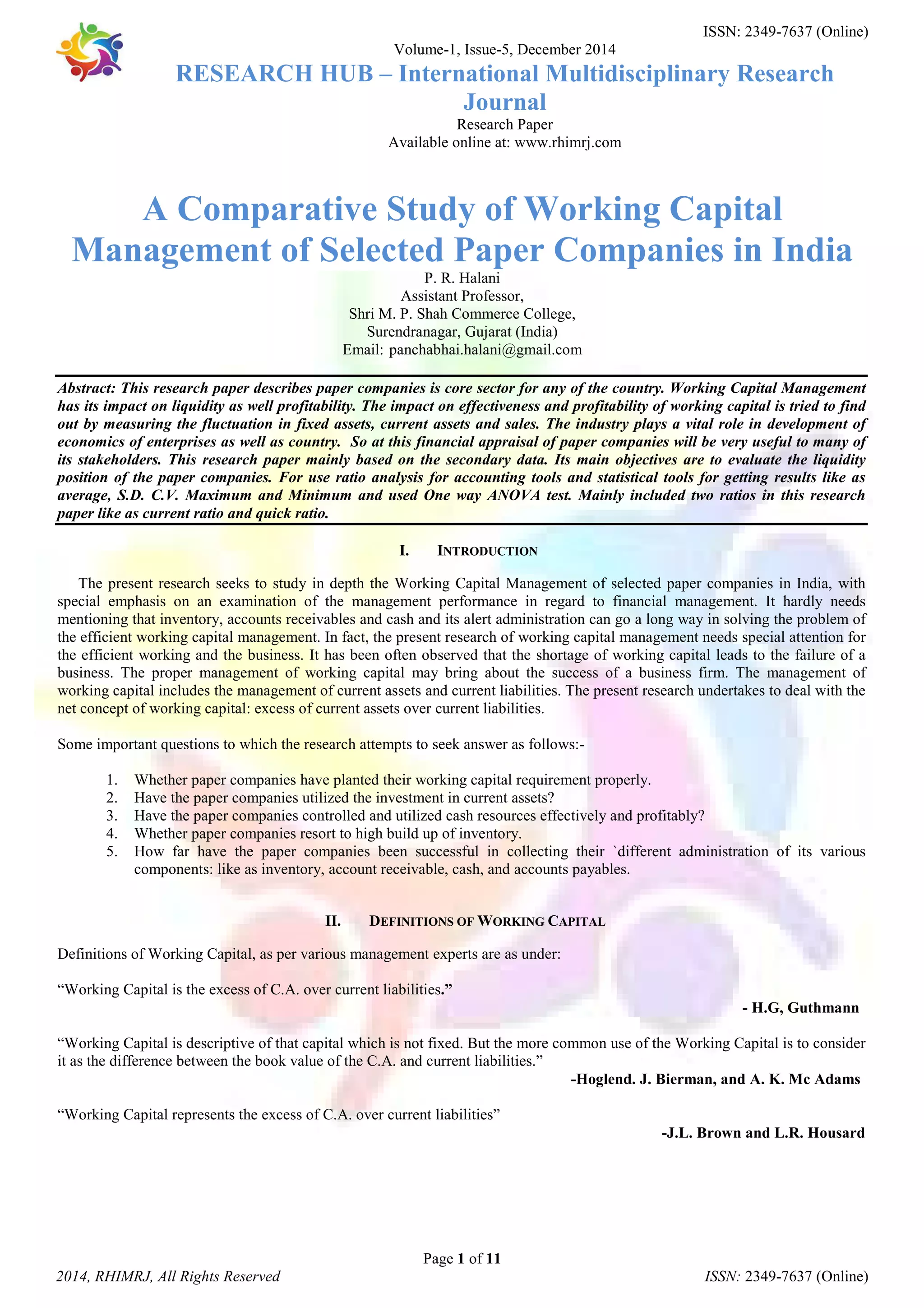 A Comparative Study of Working Capital Management of Selected Paper Companies in India PDF