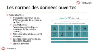 Les normes des données ouvertes
Spécialisées :
Transport en commun (p. ex.
GTSF), demande de services (p.
ex. Open311),
Information sur
l’approvisionnement (p. ex.
ouverture de l’octroi des
contrats),
Aide internationale (p. ex. AITI)
et autres...
Données liées ouvertes (p. ex.
RDF, DCAT, SPARQL)
Sociétés ouvertes
 