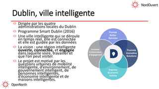 Dublin, ville intelligente
Dirigée par les quatre
administrations locales du Dublin
Programme Smart Dublin (2016)
Une ville intelligente qui se déroule
en temps réel, elle est connectée
et elle est guidée par les données
La vision : une région intelligente
ouverte, connectée, et engagée
dans laquelle vivre, travailler et
que l’on peut visiter.
Le projet est motivé par les
questions urbaines de mobilité
intelligente, d’environnement, de
gouvernement intelligent, de
personnes intelligentes,
d’économie intelligente et de
maisons intelligentes.
 